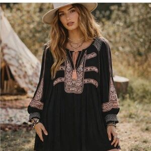 Free People wind willow  Boho Embroidered Black Tunic Dress with Pink Accents